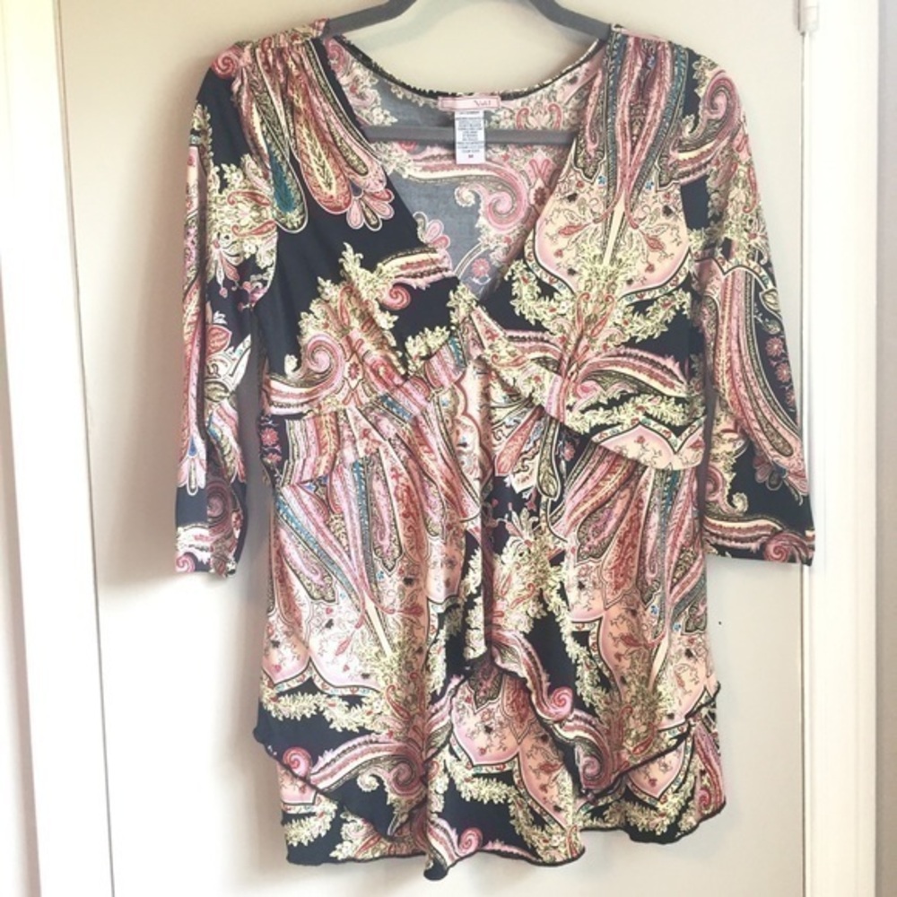 Vol. 1 Deep V-neck Pink Paisley Empire Waist Dress Blouse Sz M